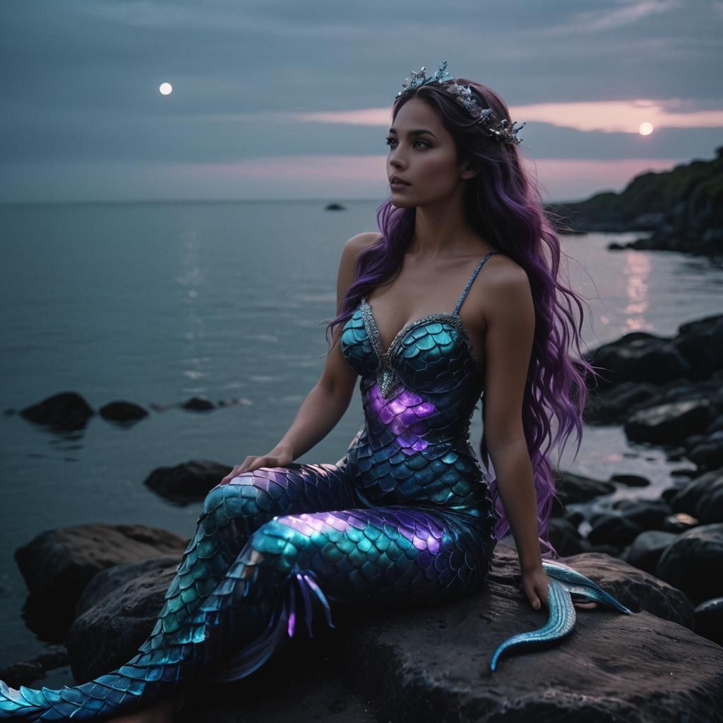 Bioluminescent Cyber Mermaid in Moody Teal Lighting