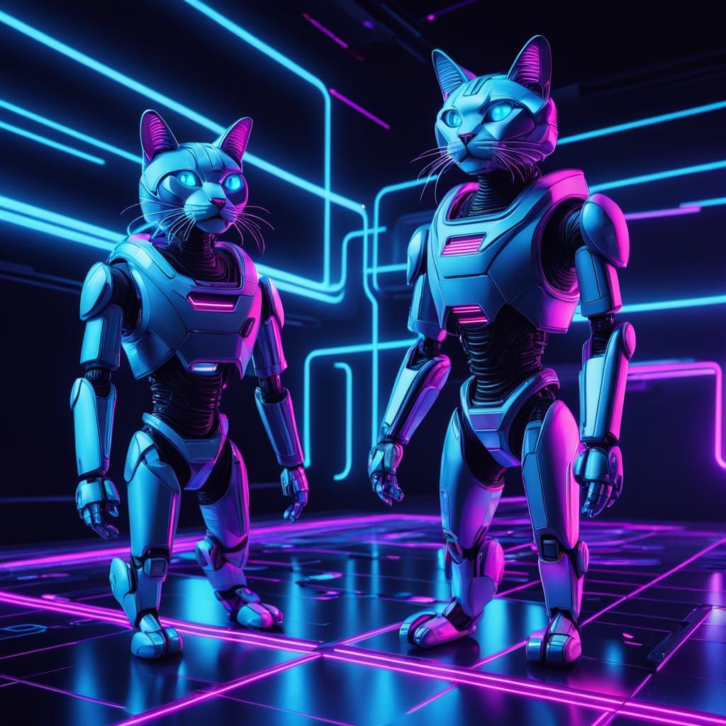 Robot Cats Dance Under Neon Lights in Futuristic Disco