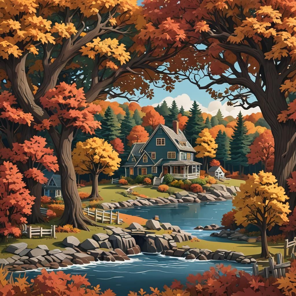 New England Cottage in Autumn as Paper Collage