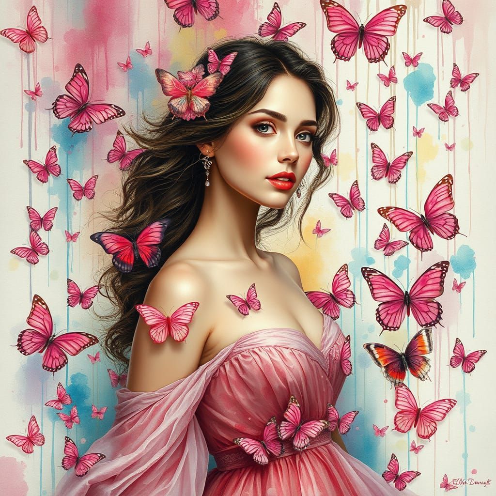 Elegant Woman Surrounded by Pink Butterflies, Watercolor Por...