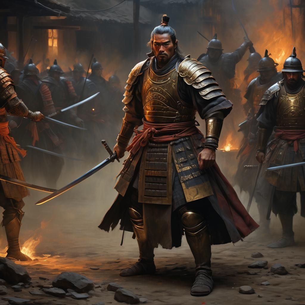 Samurai and Roman Duel in Dramatic Oil Painting