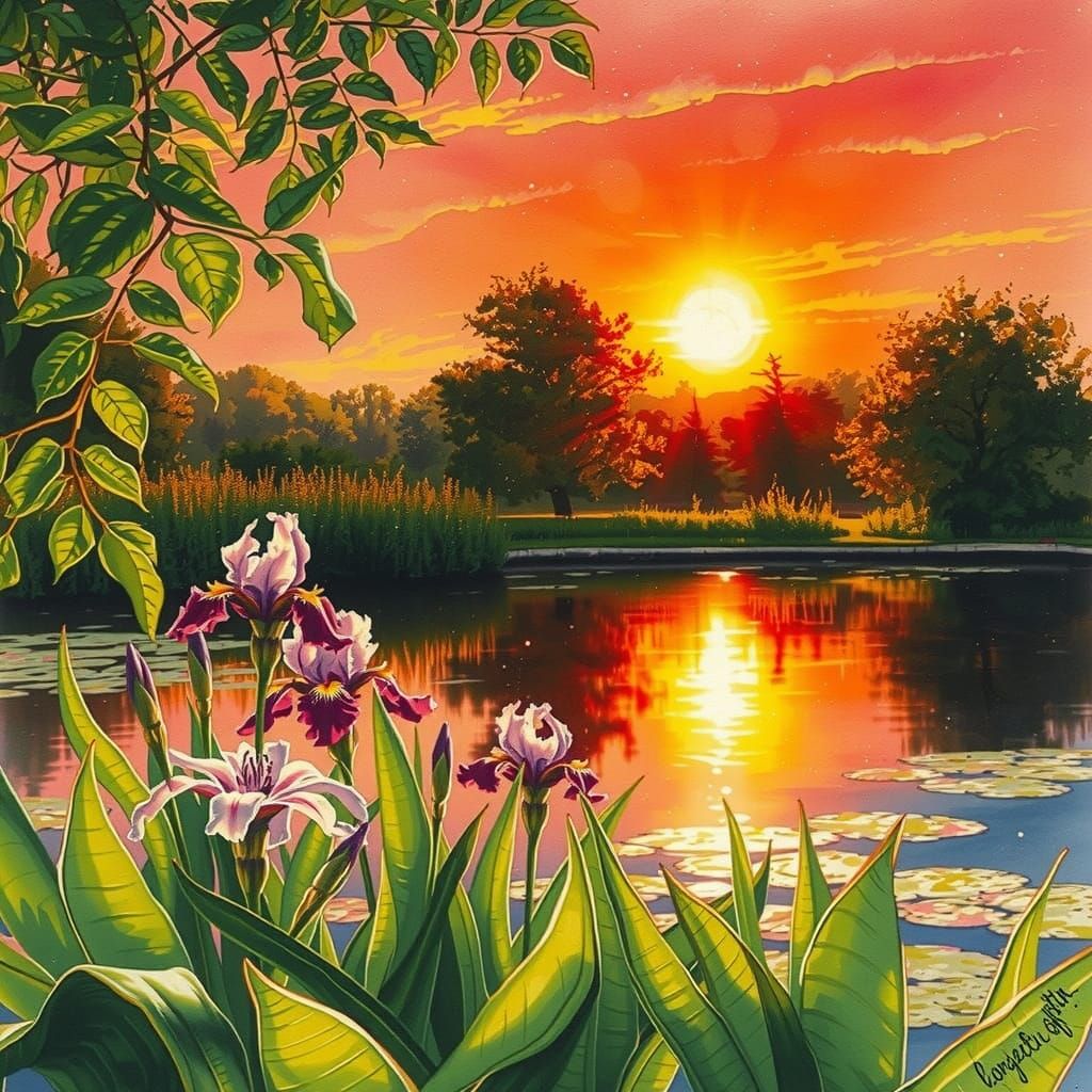 Vibrant Summer Sunset on a Serene Pond
