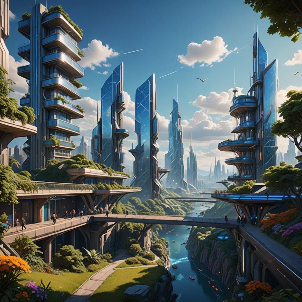 Solarpunk Cityscape with Iridescent Solar Panels and Verdant...