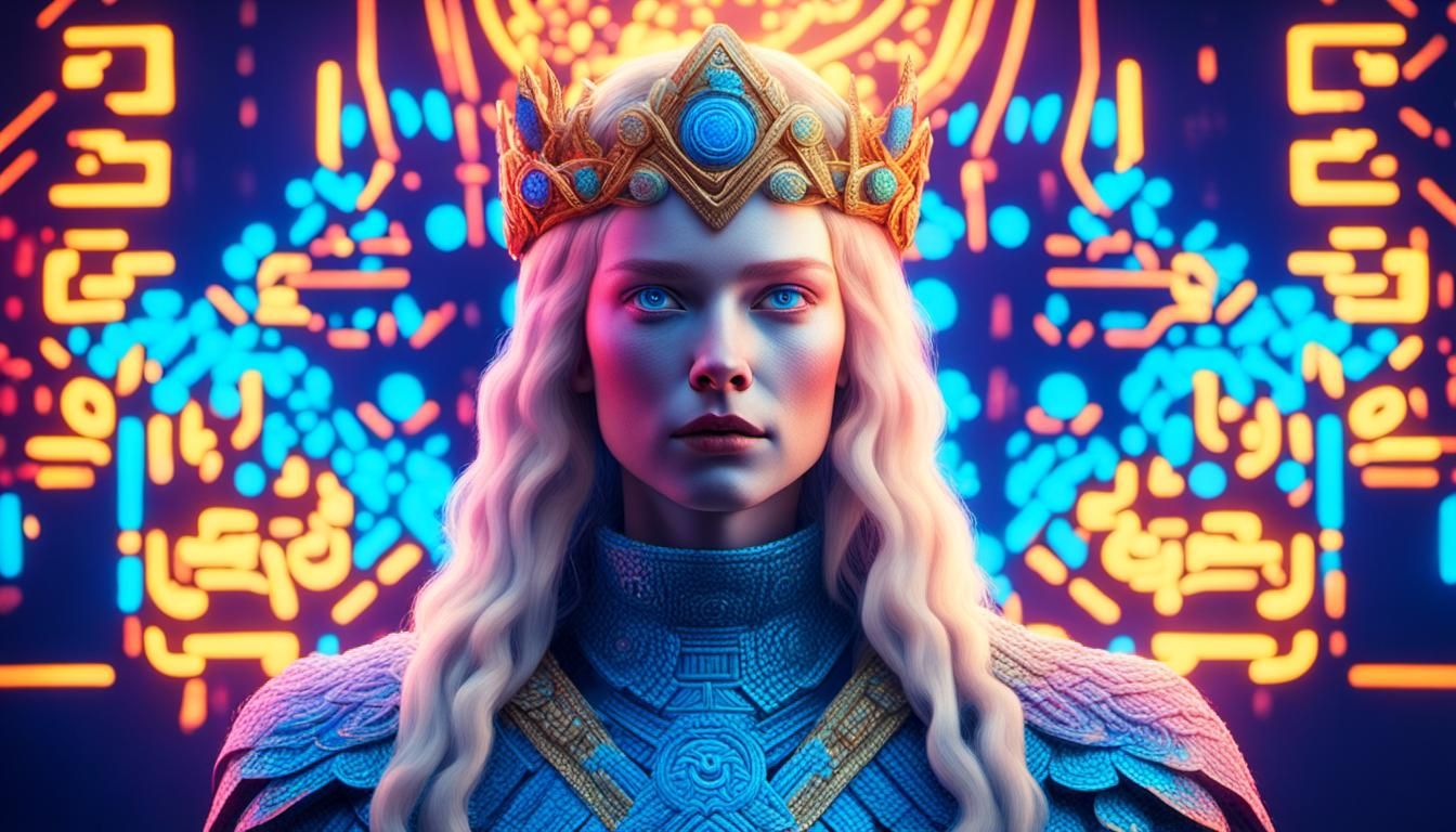 Viking Priestess in Kinetic Pointillism with Neon Lighting