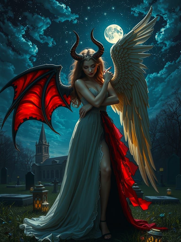 Victorian Devils and Angels in a Haunting Cemetery Night