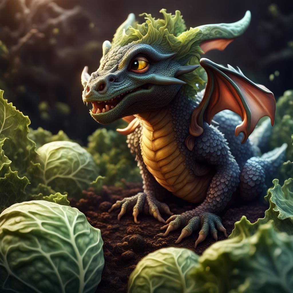 Baby Dragon Hatching From a Cabbage