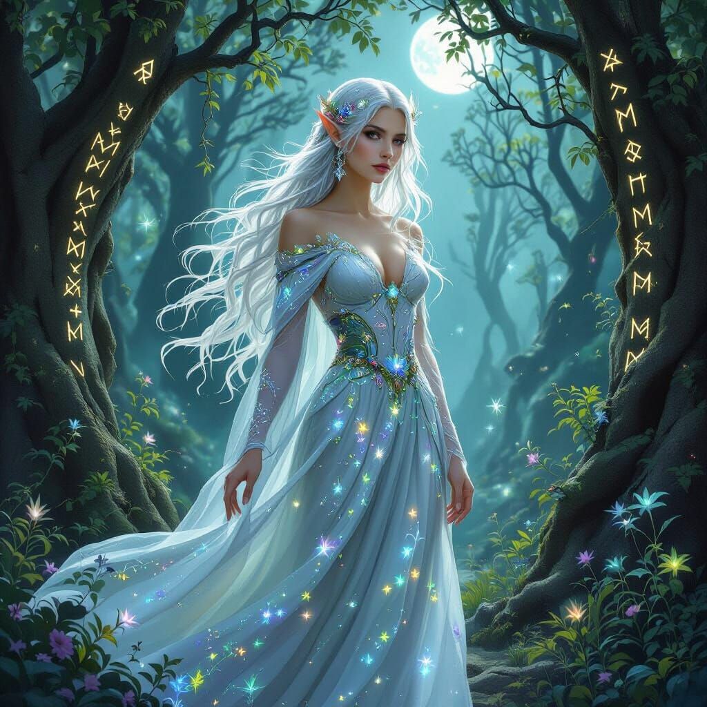 Elven Queen in Mystical Forest, Pre-Raphaelite Style