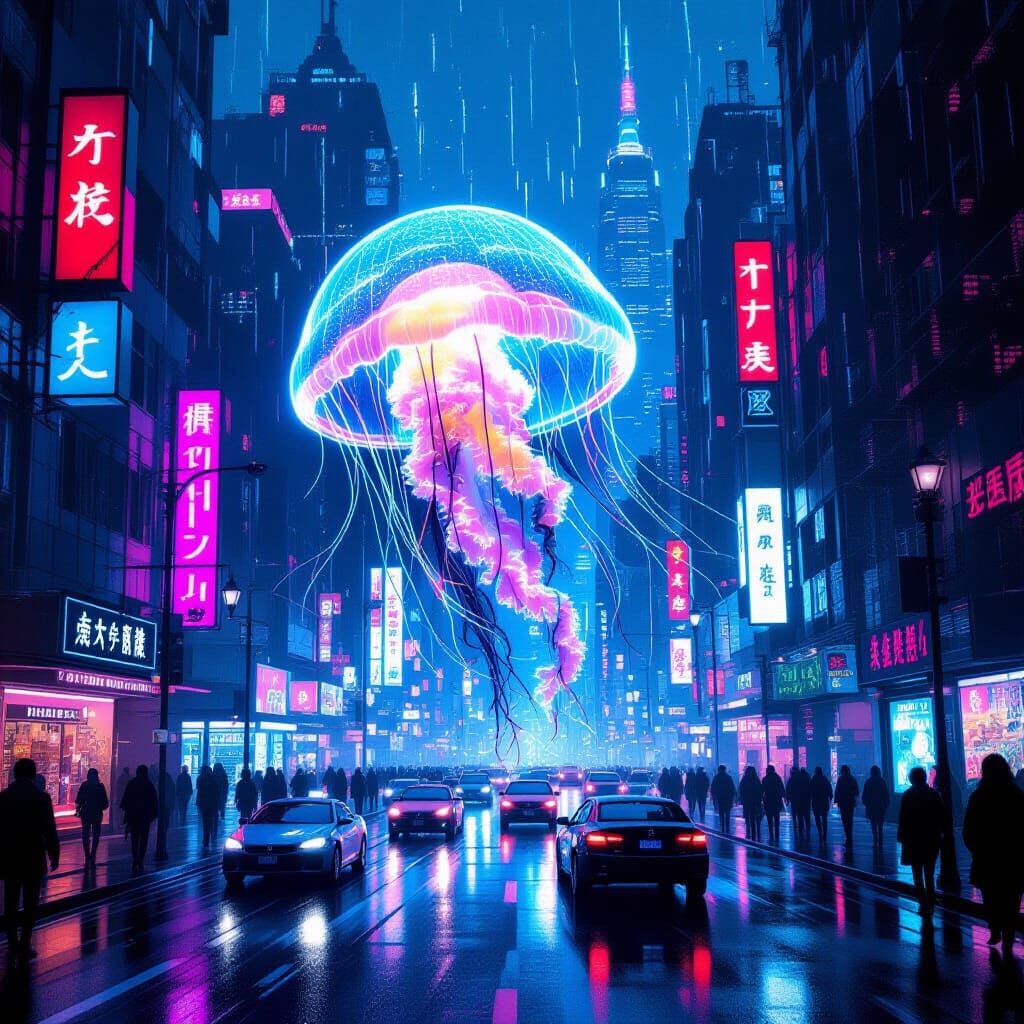 Bioluminescent Jellyfish in a Cyberpunk Cityscape