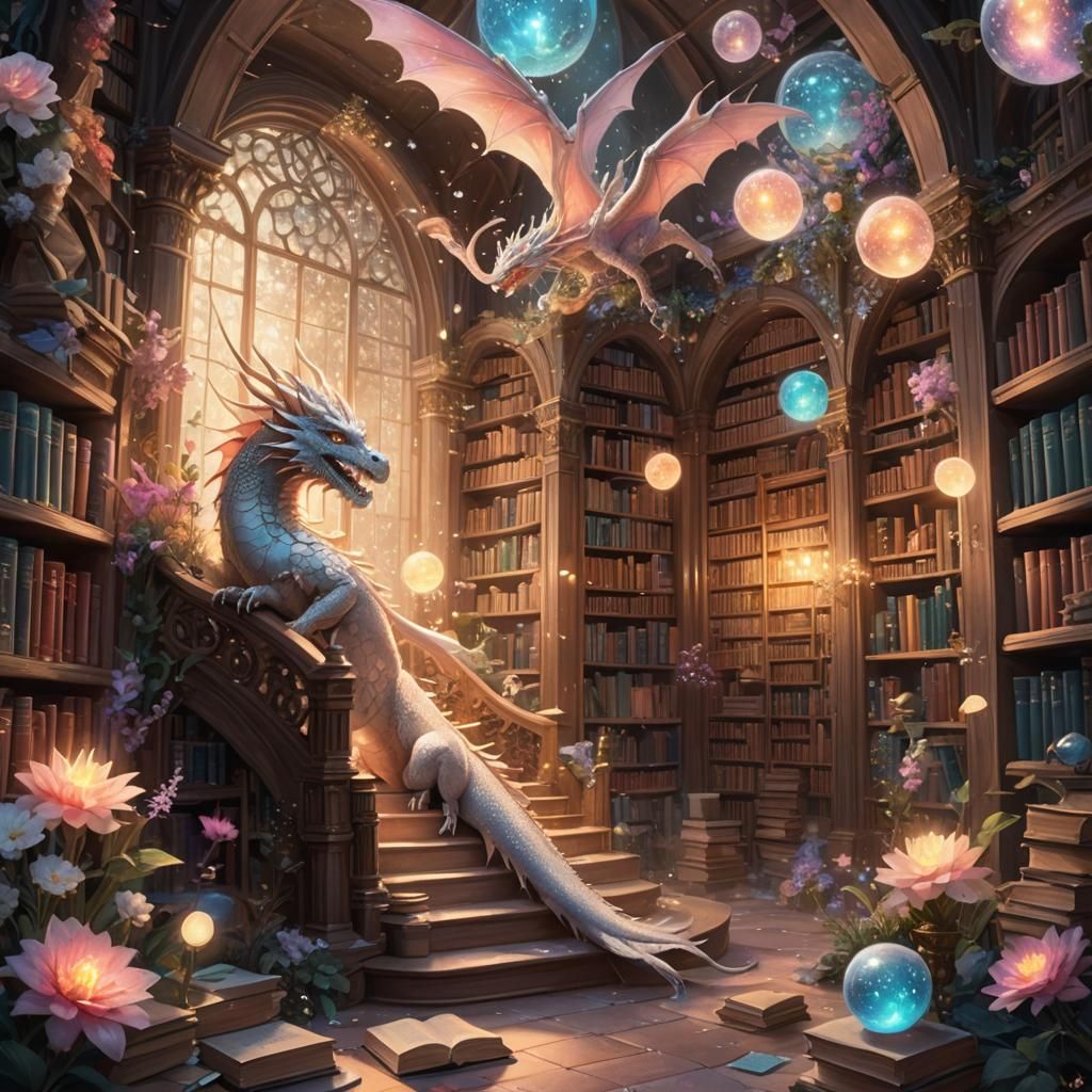 Mystical Library with Dragon Guardian in Fantasy Style