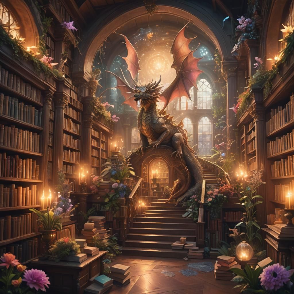 Mystical Library with Dragon Guardian in Fantasy Art