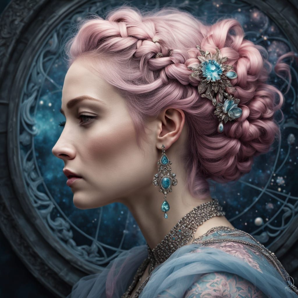 Renaissance Portrait of Pink-Haired Woman with Celestial Acc...