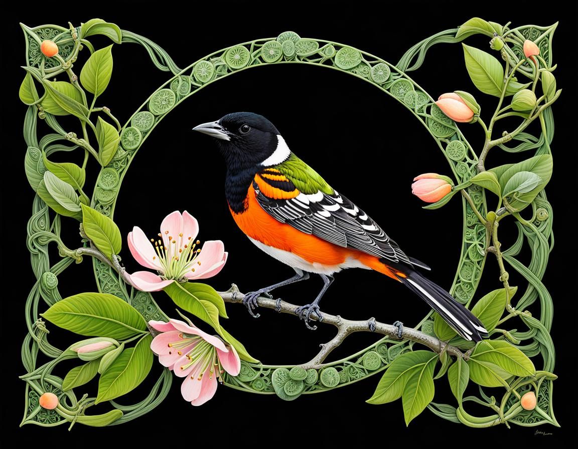 Baltimore Oriole Among Peach Blossoms in Texas