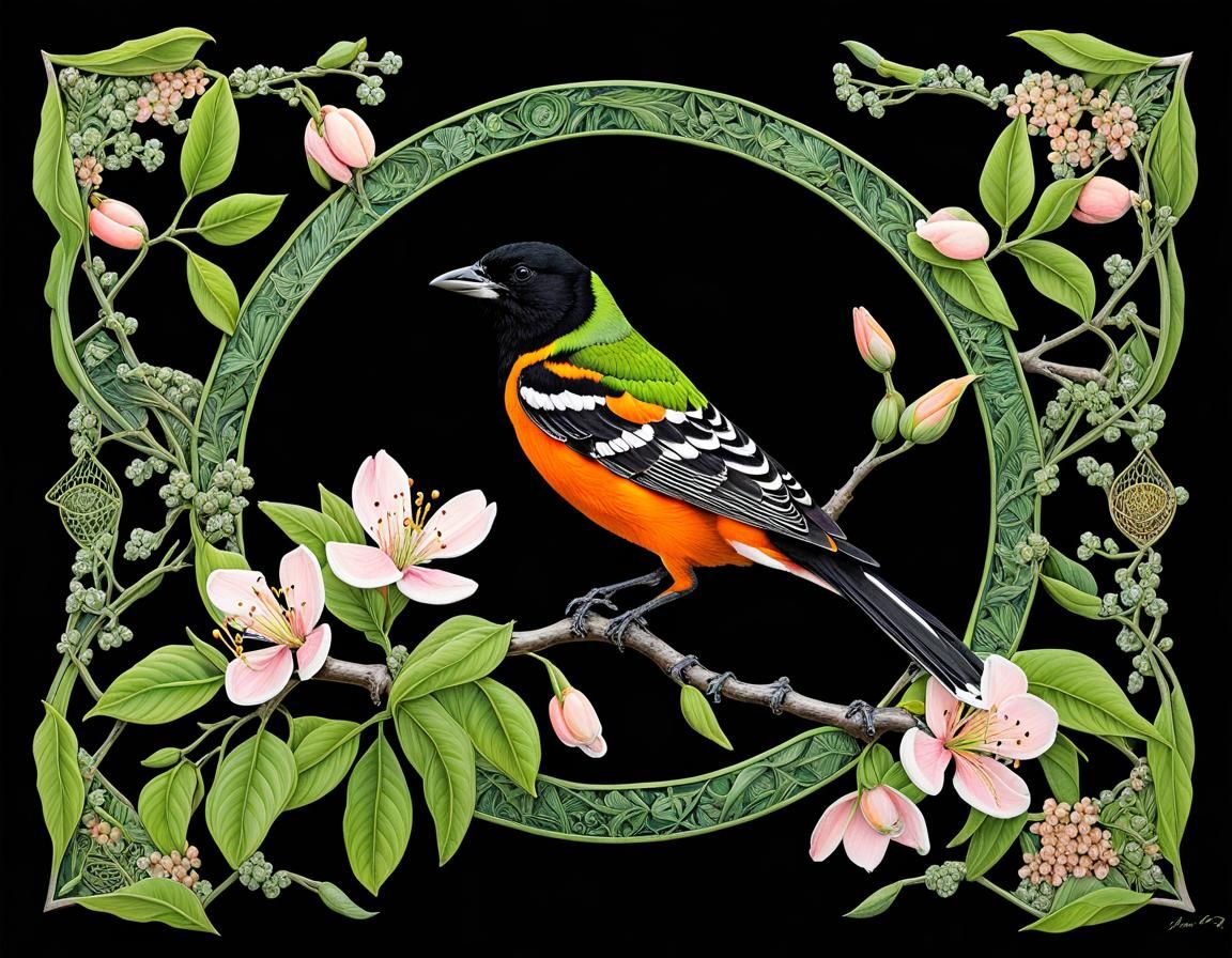 Baltimore Oriole in Texas Peach Blossoms: Fractal Art