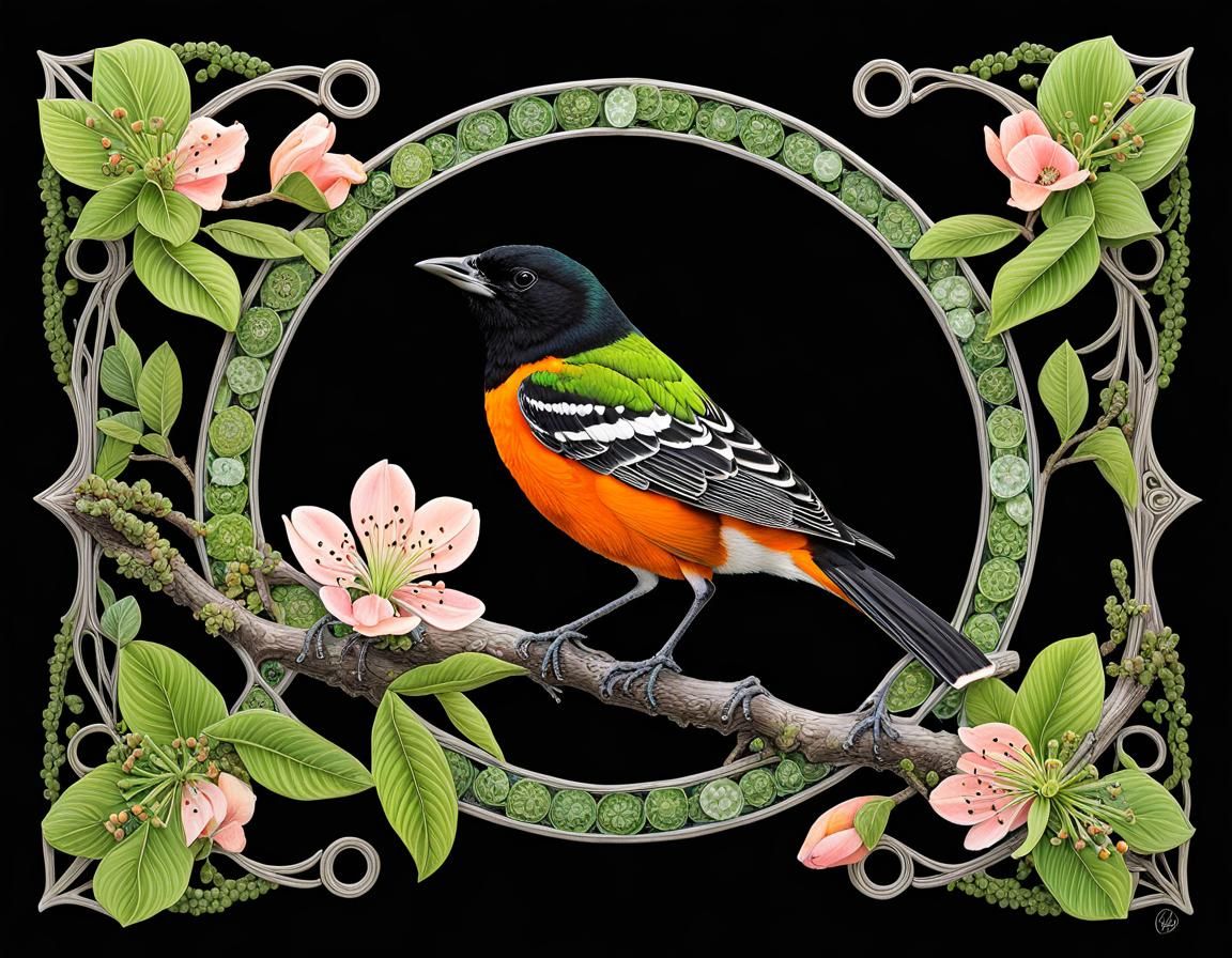 Baltimore Oriole in Texas Peach Blossoms: Fractal Art