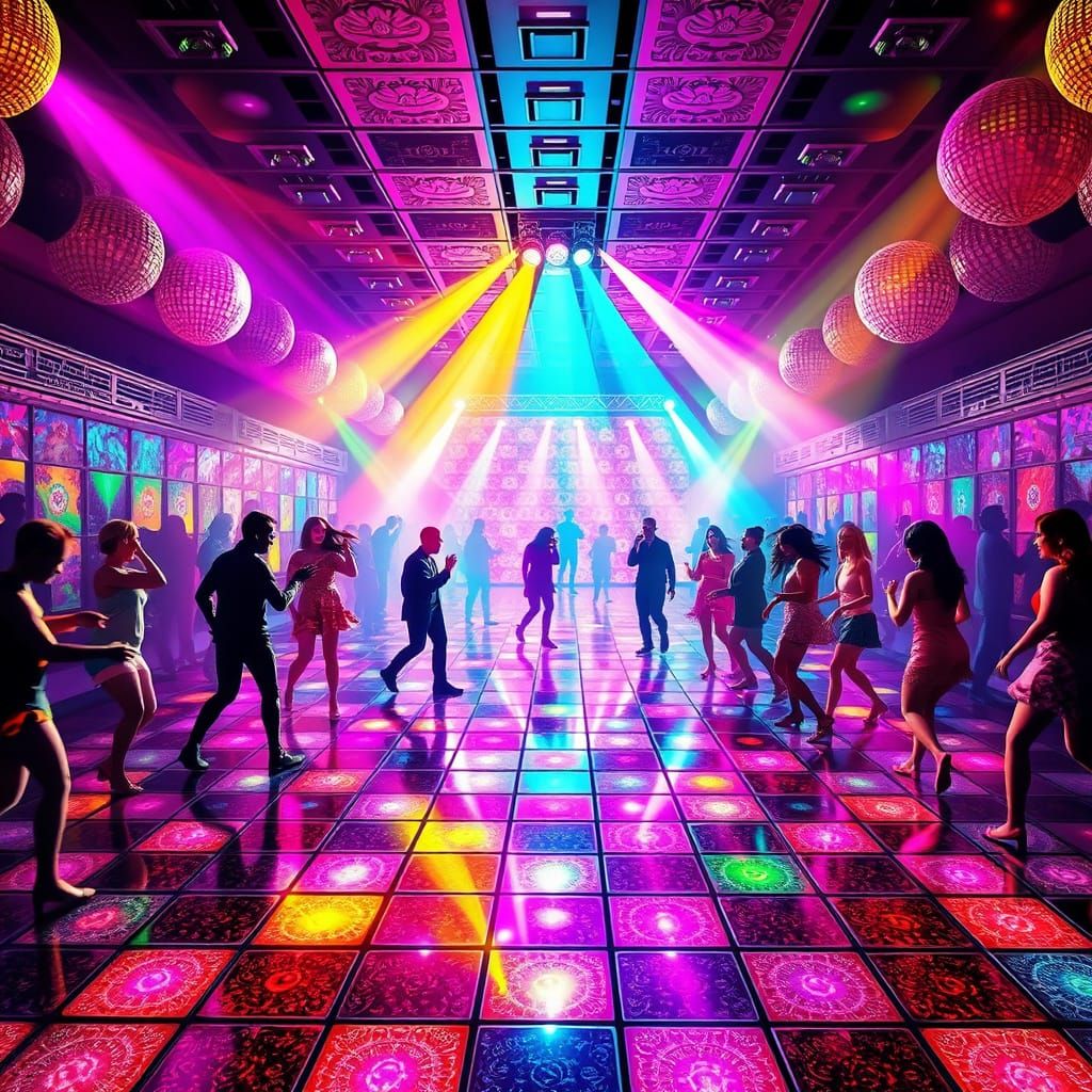 Futuristic Disco Dancers on a Glowing, Multicolored Dance Fl...