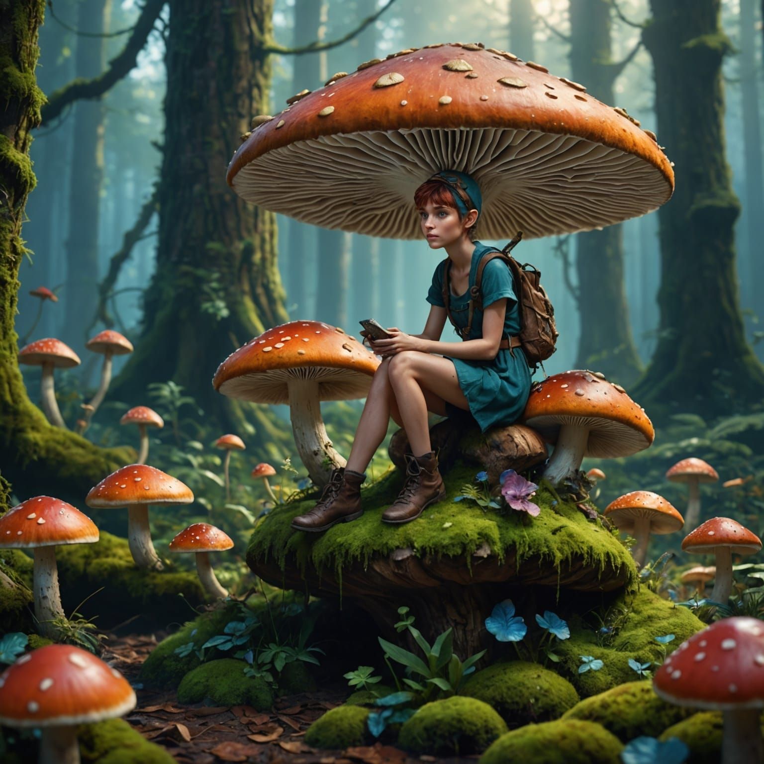 Pixie Sitting on Mushroom in Magical Forest