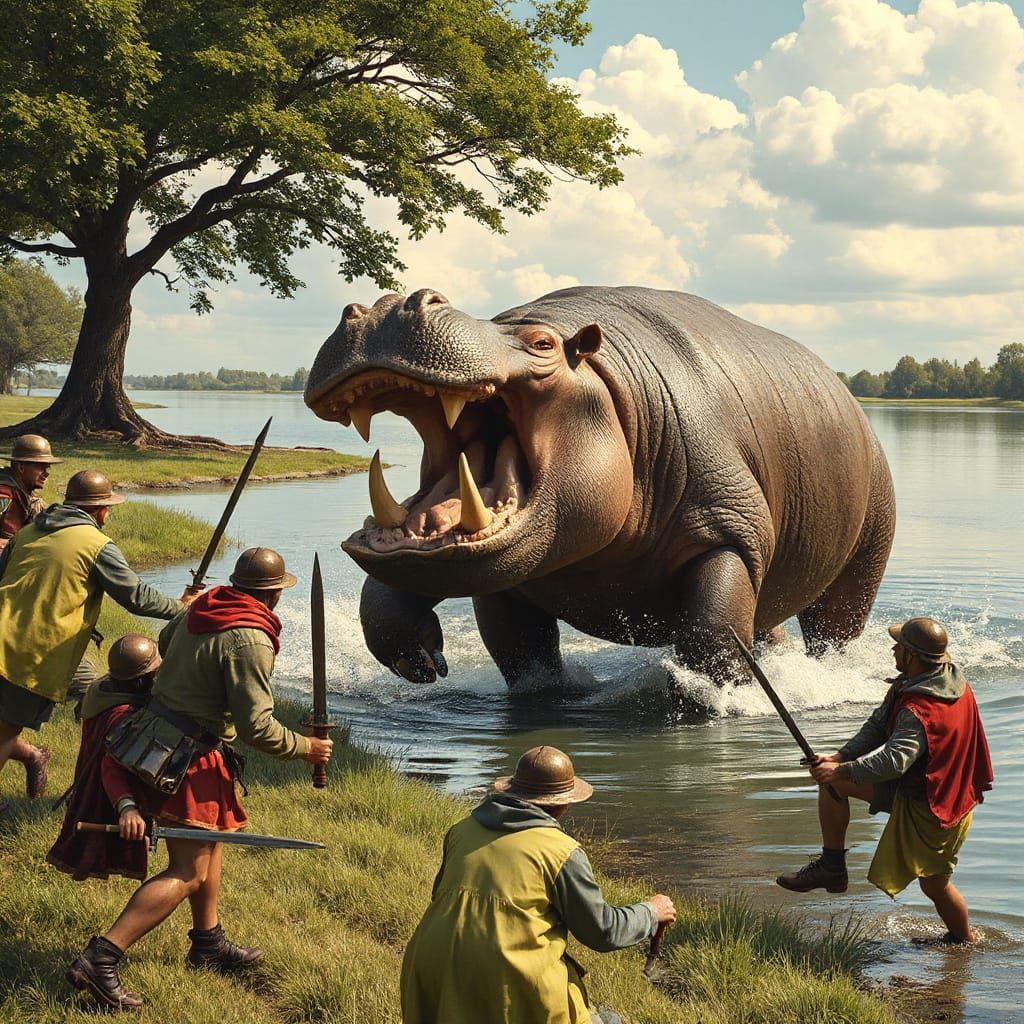 Seven Cowards Pursue Giant Hippopotamus by River