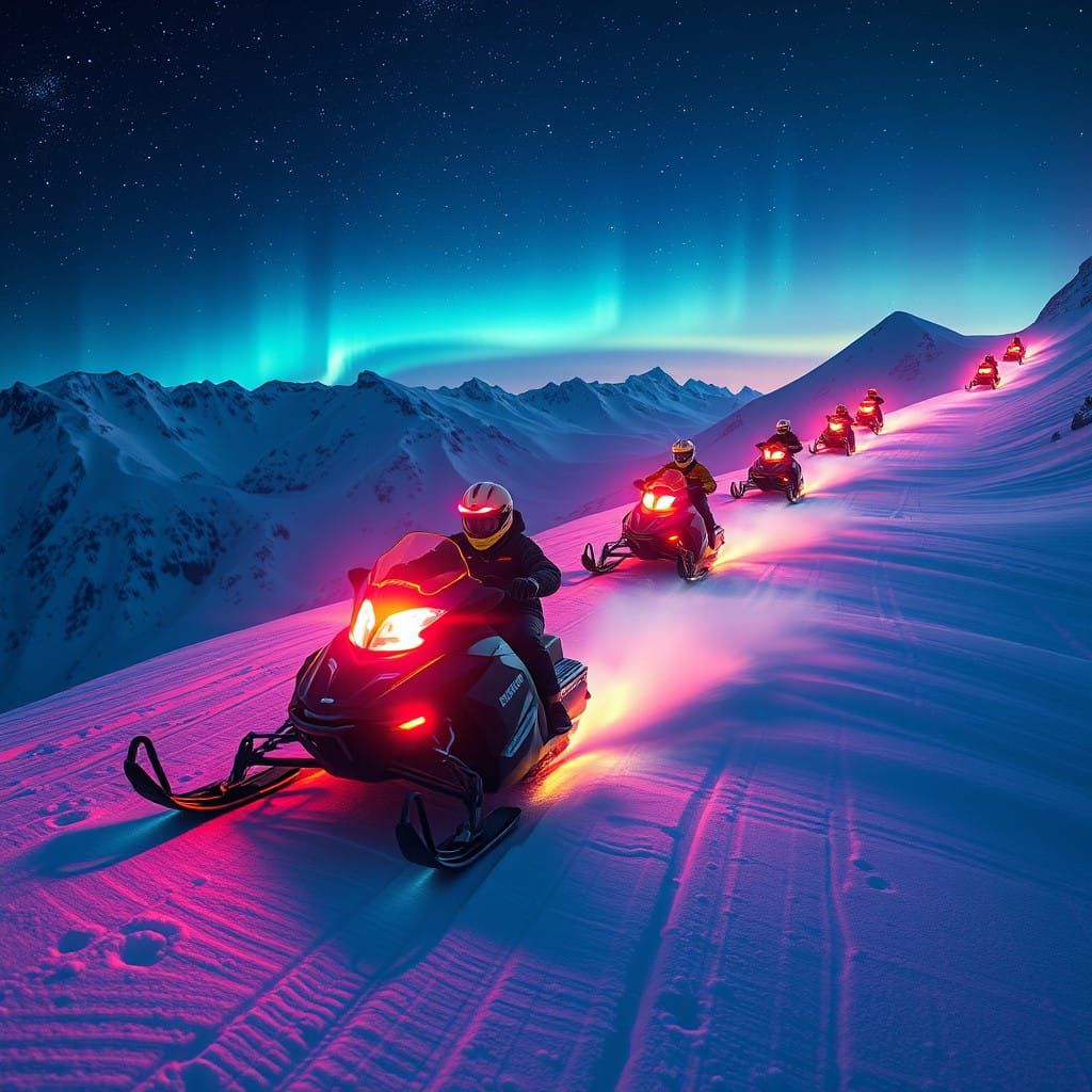 Vibrant Snowmobile Competition on Icy Mountain