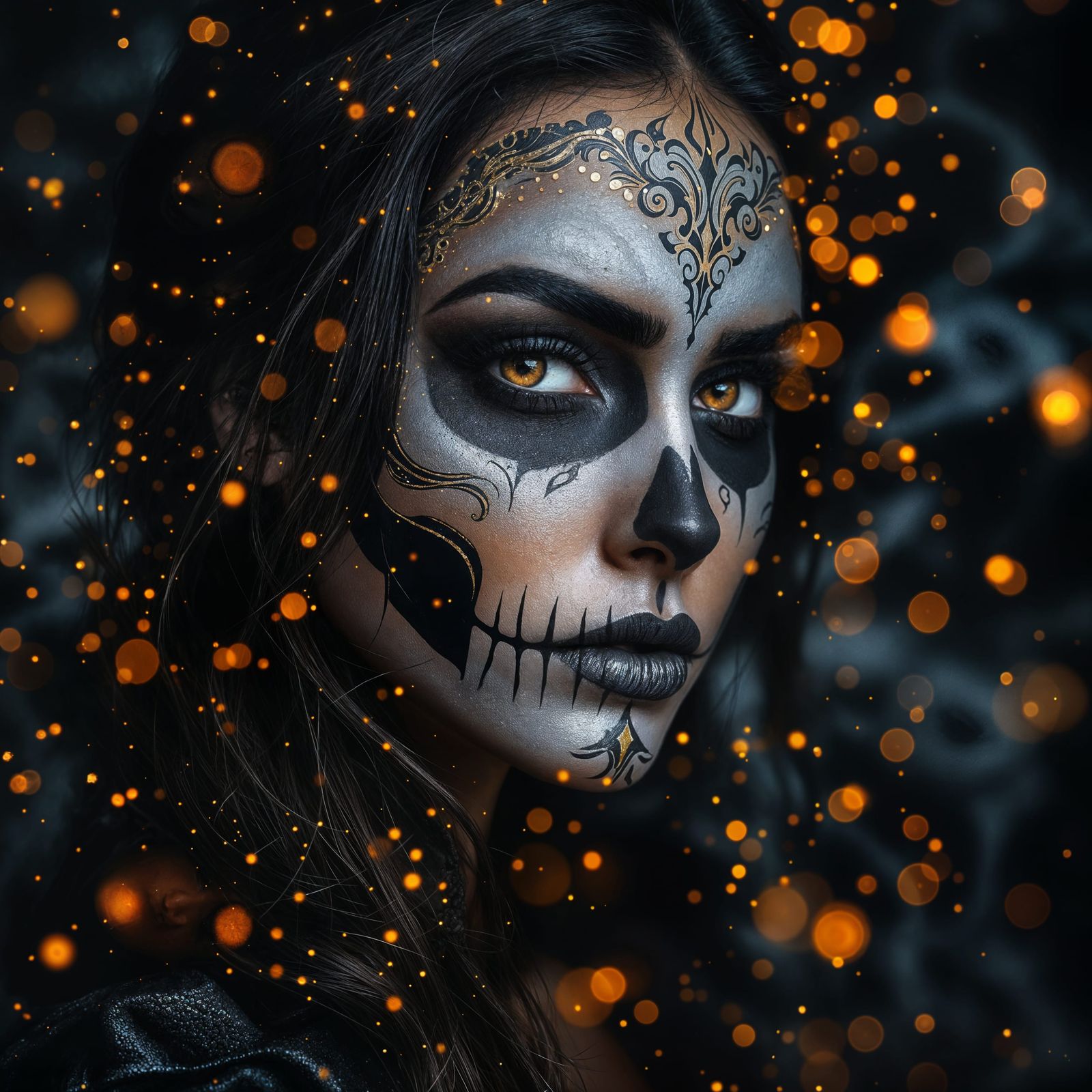 Surreal Skull Makeup Portrait in Fiery Aesthetic