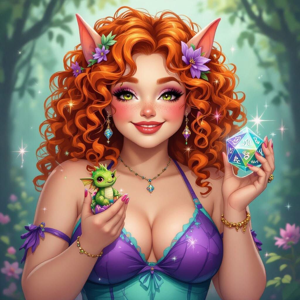 Whimsical Goblin Girl with Dragon Die in Dreamy Style