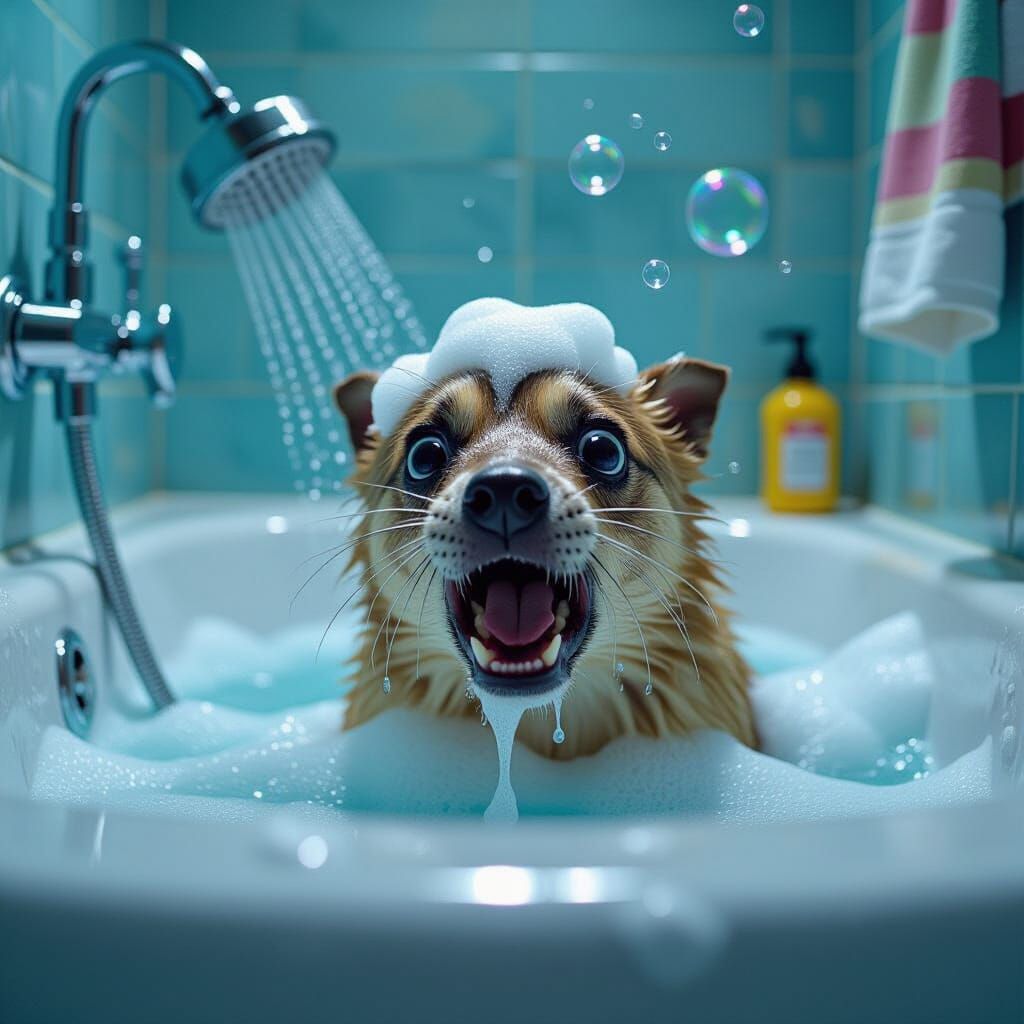 Frightened Animal in Bathtub with Soap Suds