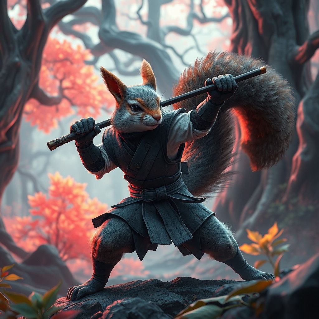 Ninja Squirrel in Mystical Forest, Digital Art