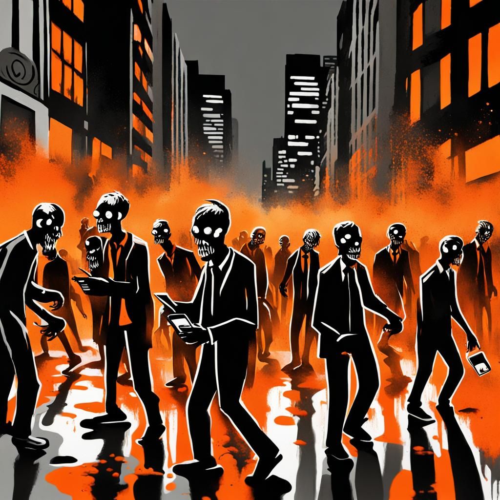 Halloween Zombies Smartphone Addiction in Street Art Style