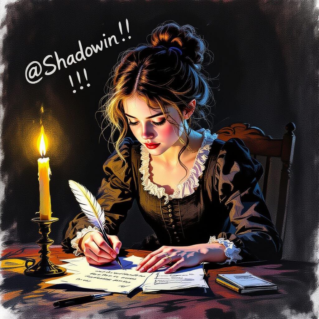 Victorian Girl Writes by Candlelight in Expressive Sketch