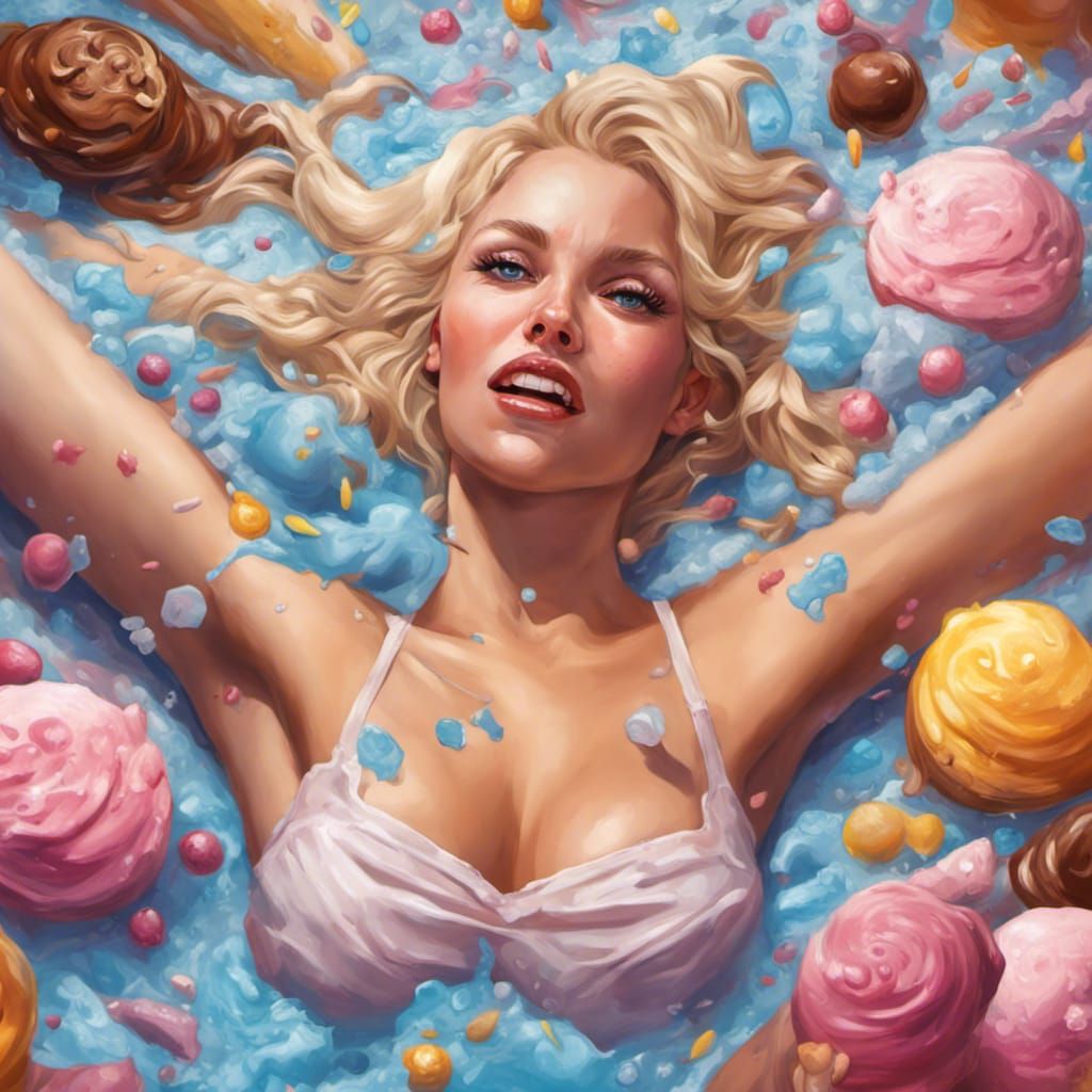 Blonde Woman Covered in Ice Cream: Hyperrealistic Splash Art