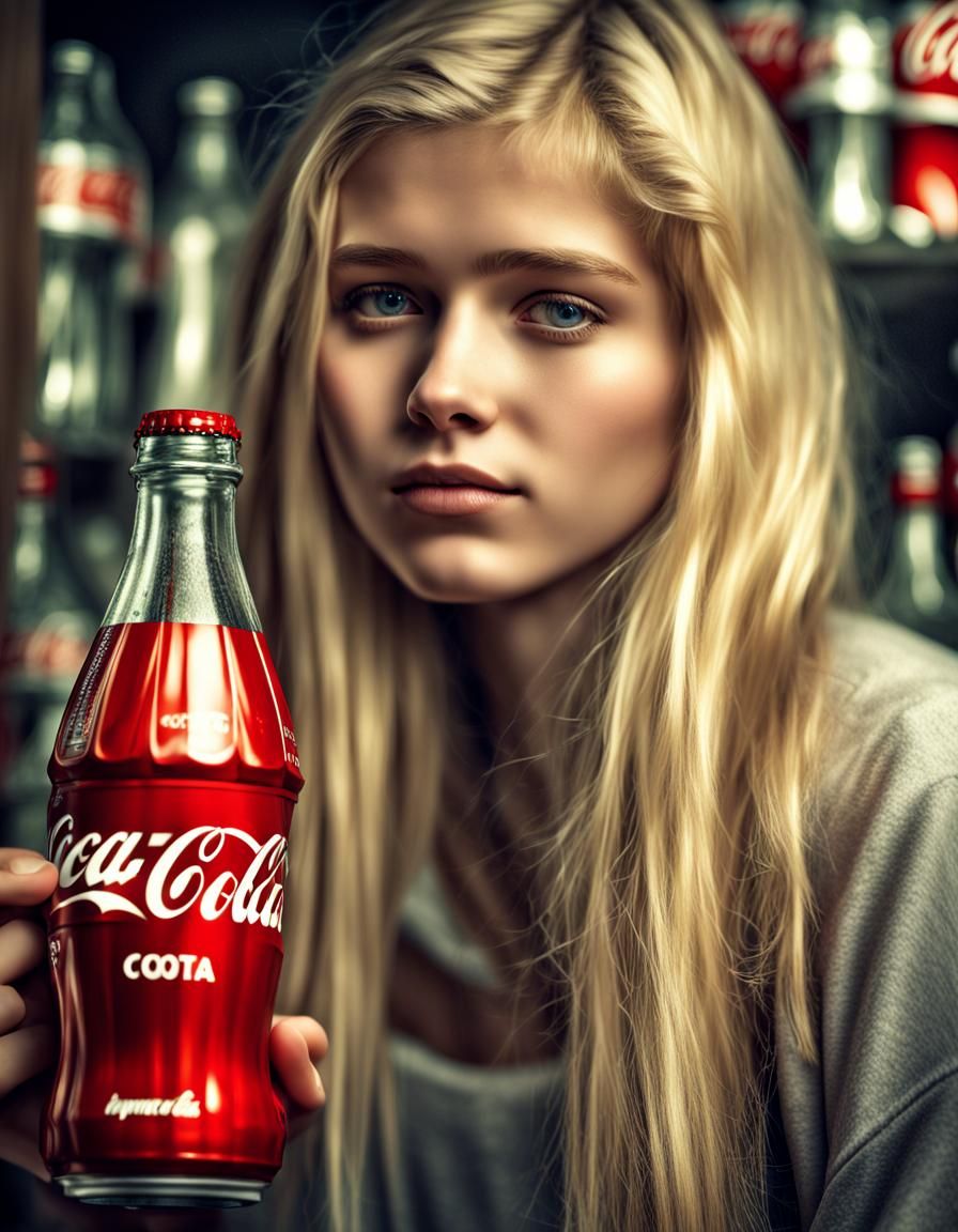 Beautiful Girl Drinks Cola: Hyperrealistic 64 Megapixel Imag...