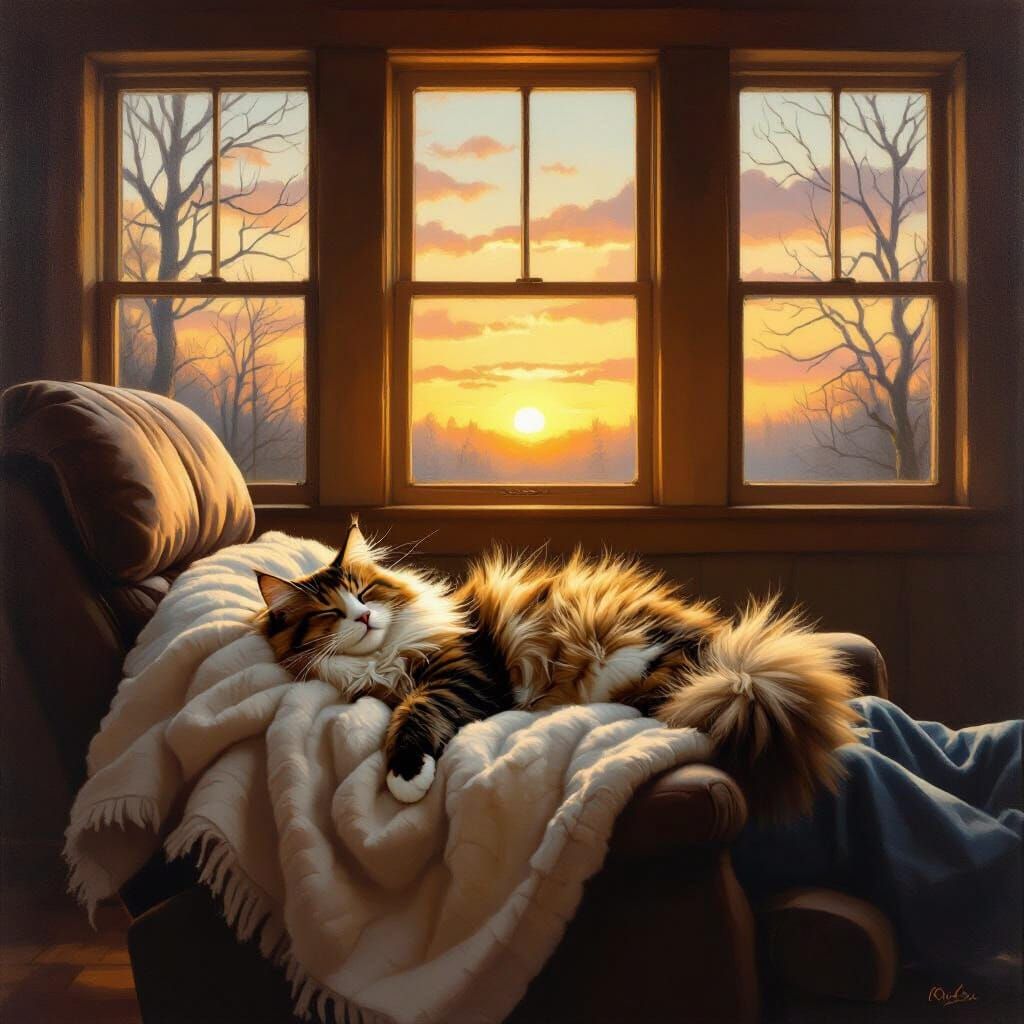 Fluffy Maine Coon Sleeping Peacefully in Recliner