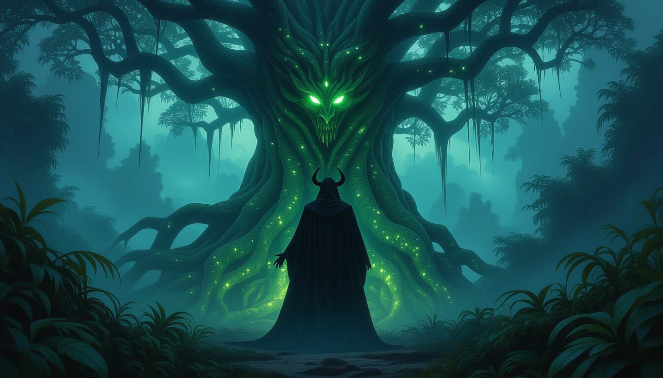 Satan in Bioluminescent Jungle, Dark Fantasy Art