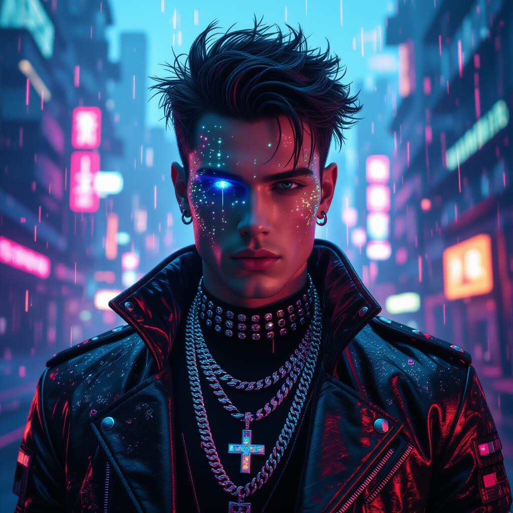 Futuristic Man in Neon Glitter and Glitching Cityscape