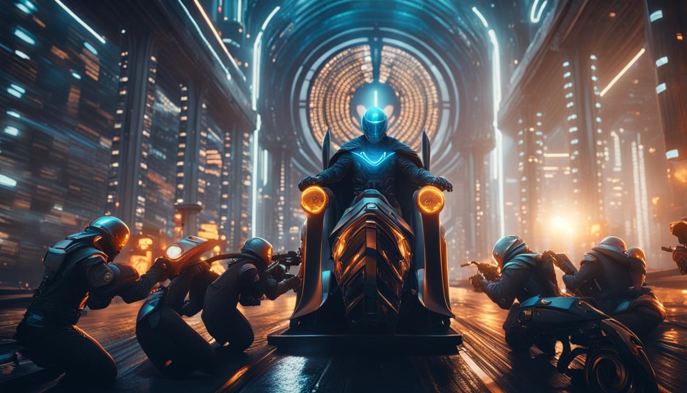 Wizard on Futuristic Motorcycle, Detailed Matte Painting