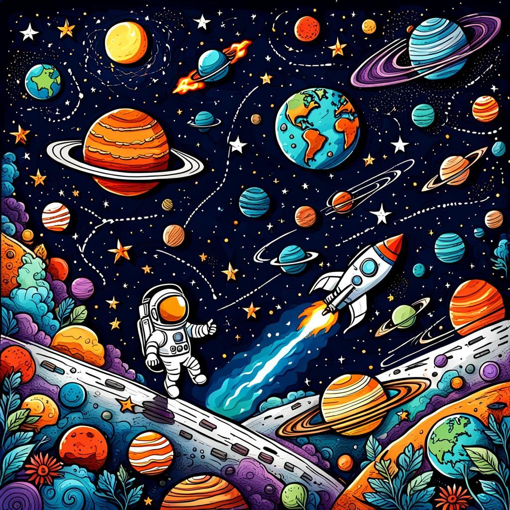 Cartoon Space Scene with Rocket and Astronaut