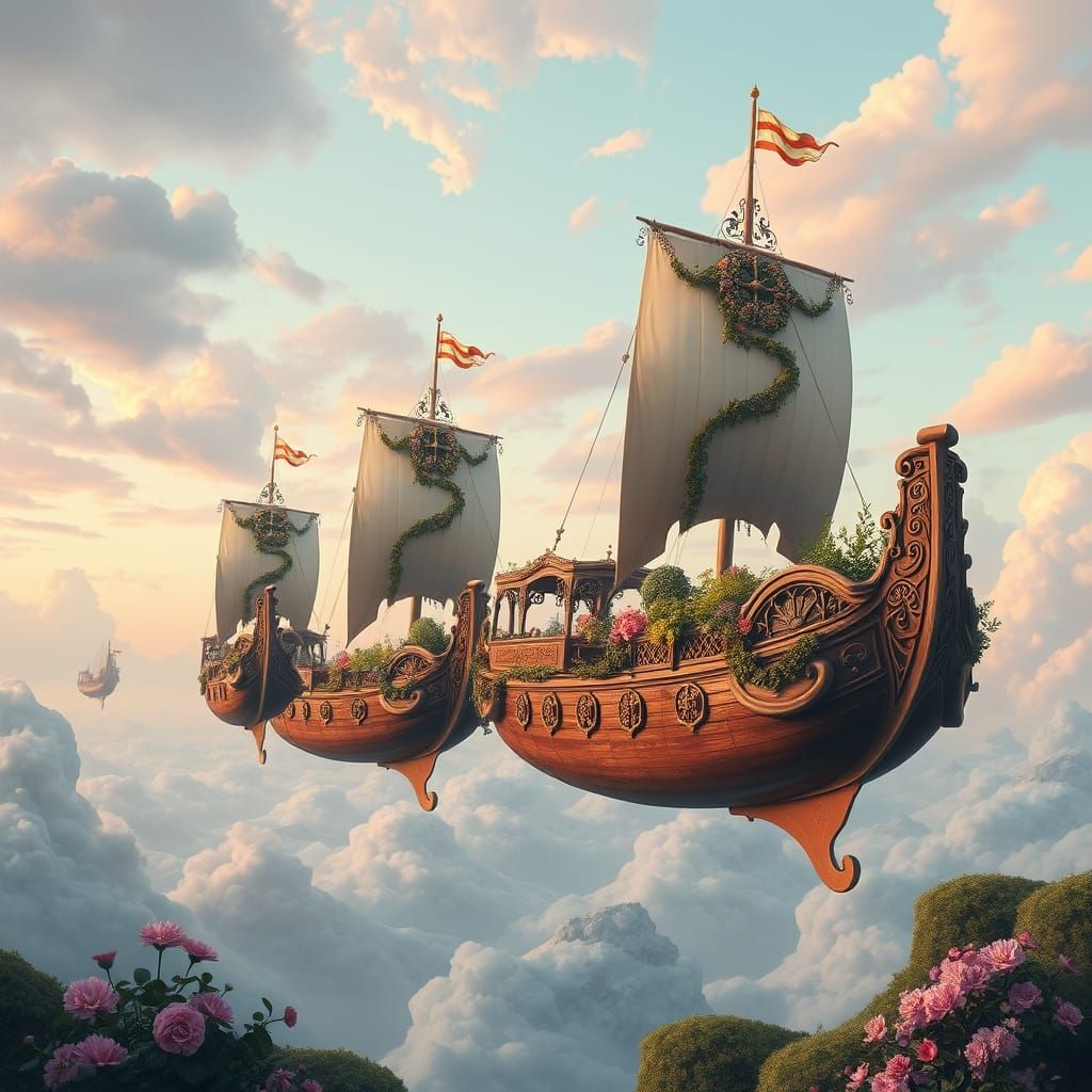 Botanical Galleons Drifting Through Pastel Sky