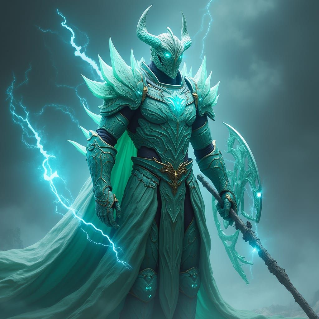 Armored Warrior Wielding Lightning and Storm Shield