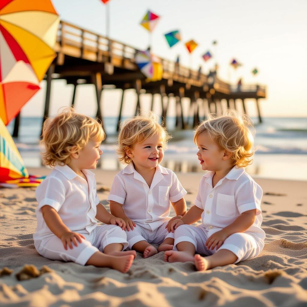 Triplets' Beach Day at Golden Hour