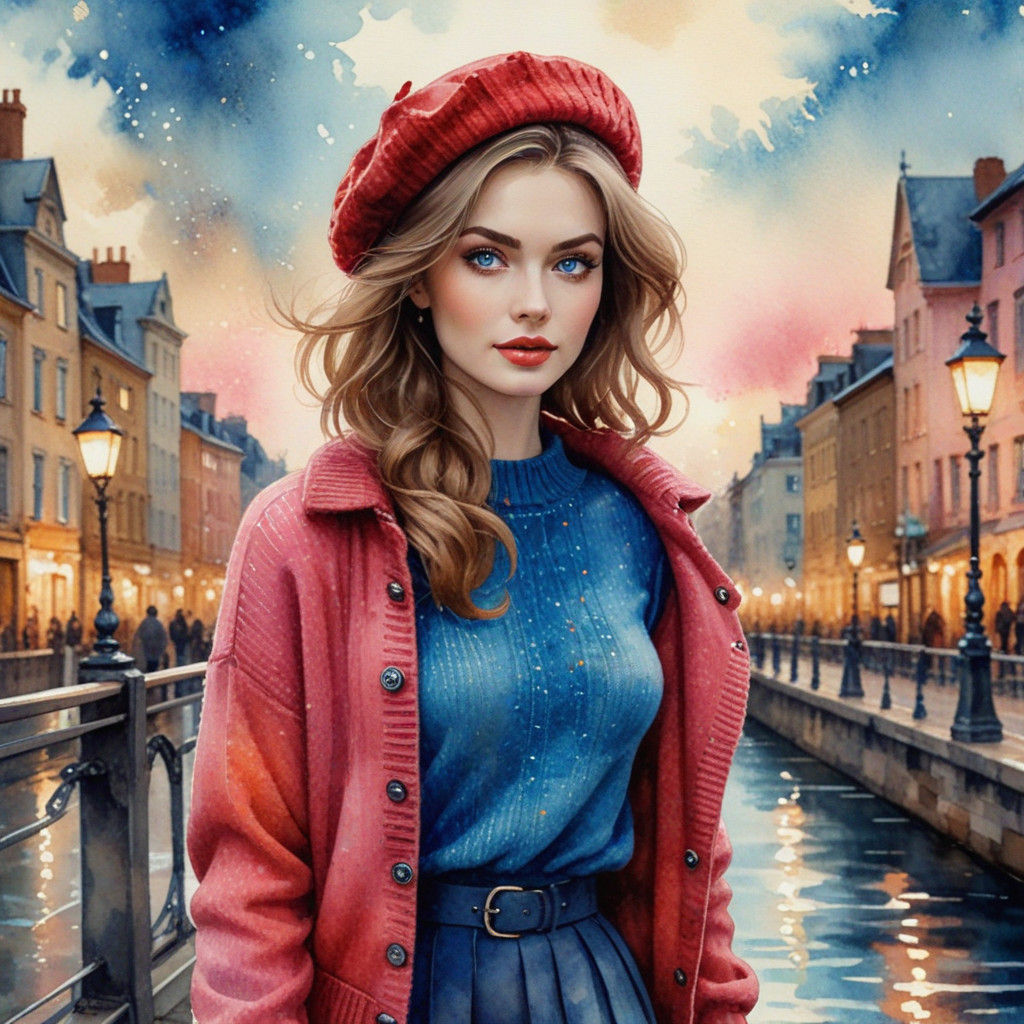 "a stunning woman, blue eyes, vintage makeup, vintage style hair, vintage style clothes, vintage shoes, wearing a woolen...