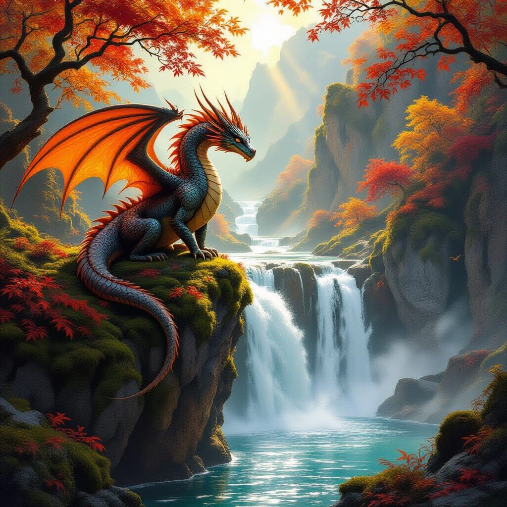 Majestic Dragon on Cliff Overlooking Waterfall in Autumn