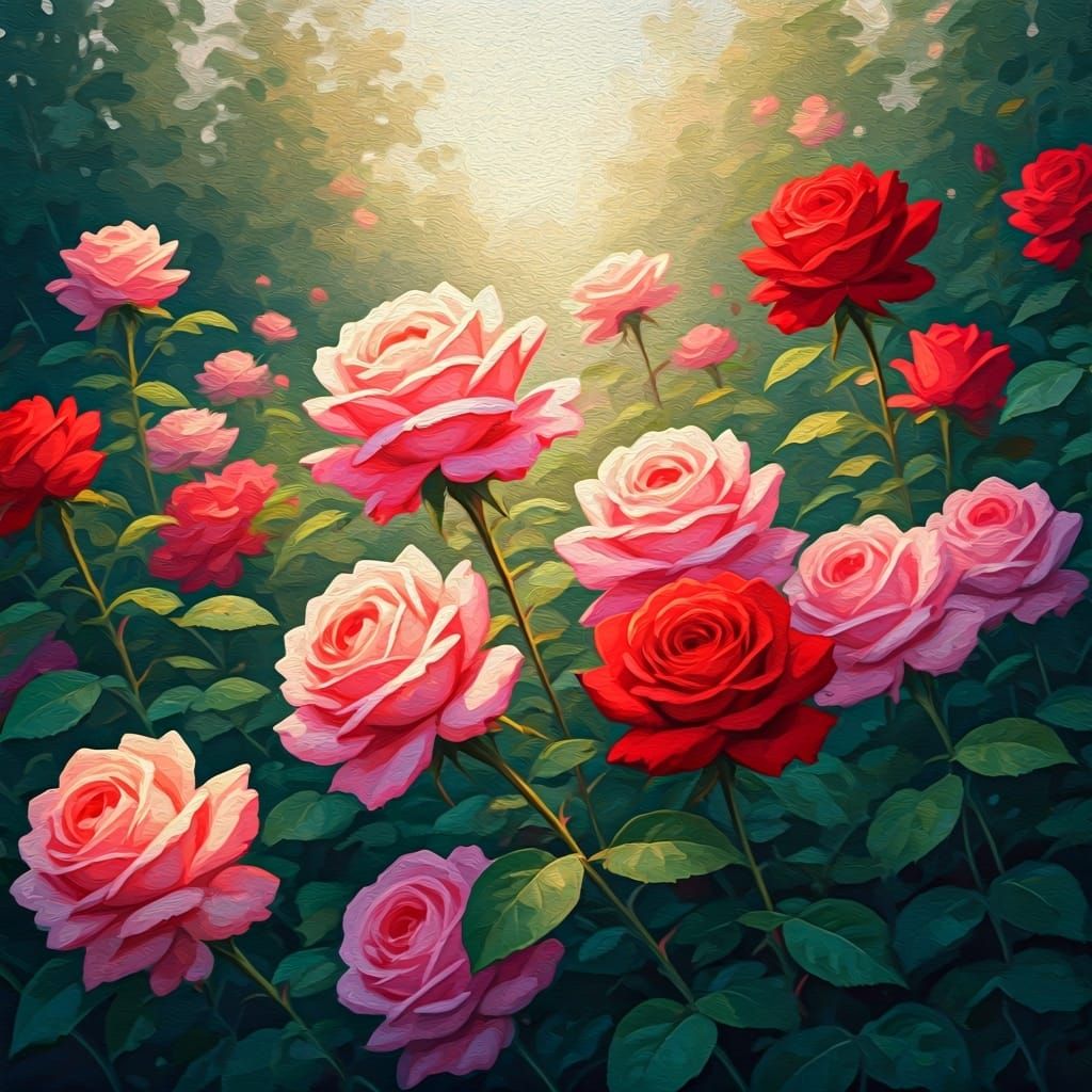 Rose Garden in Impressionistic Gouache Style