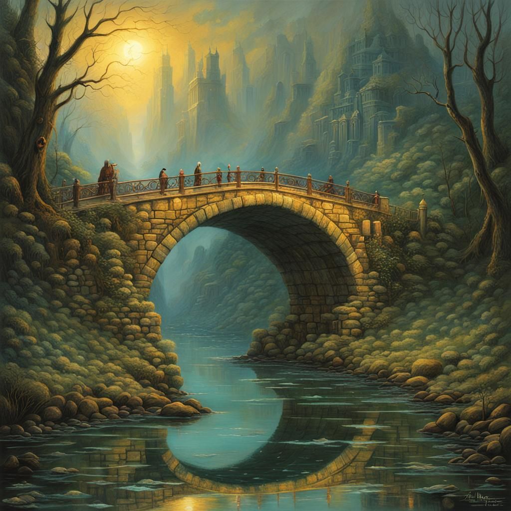 Magic Ancient Bridge Painting in Surreal Style