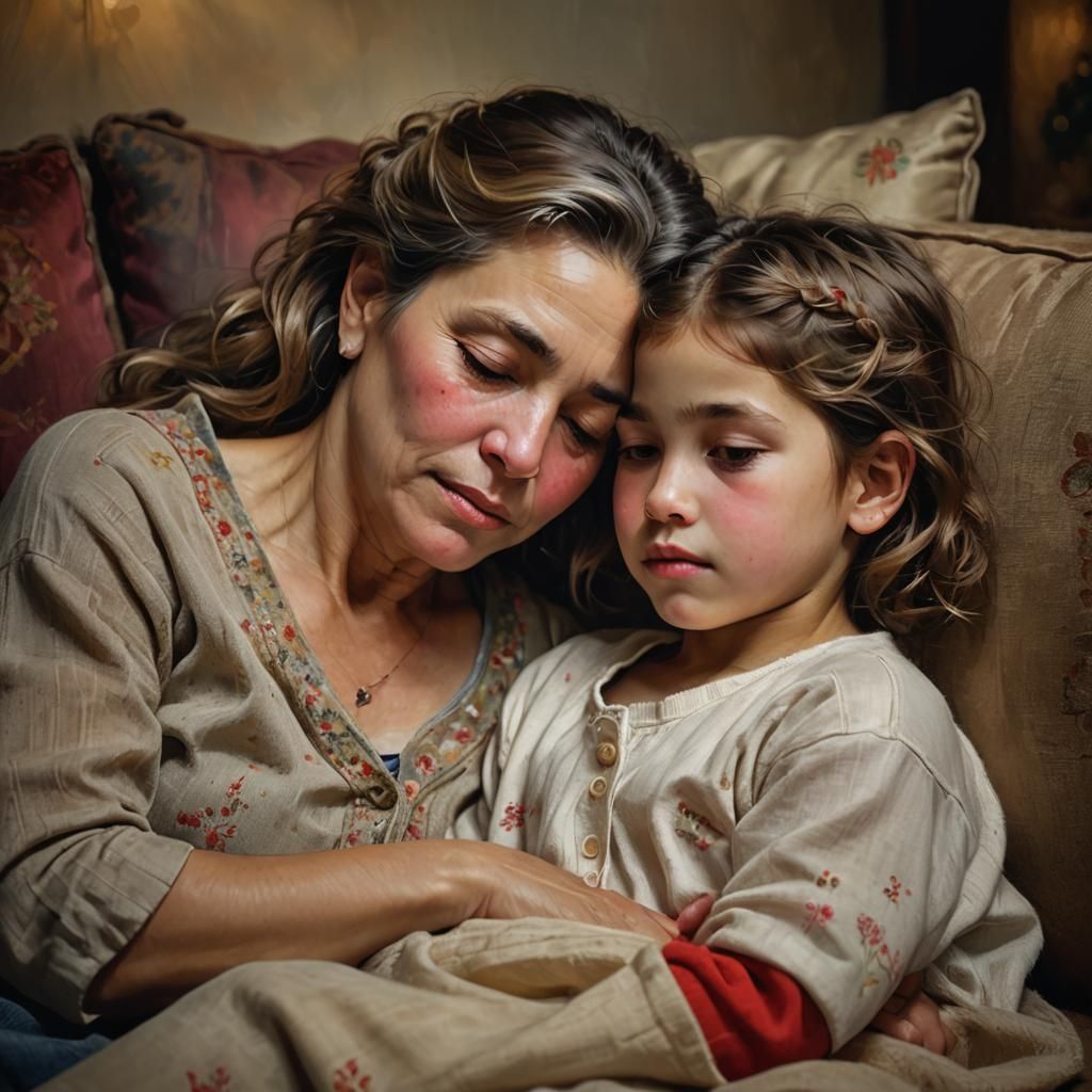 Mother and Child Sleeping, Romantic Illustration