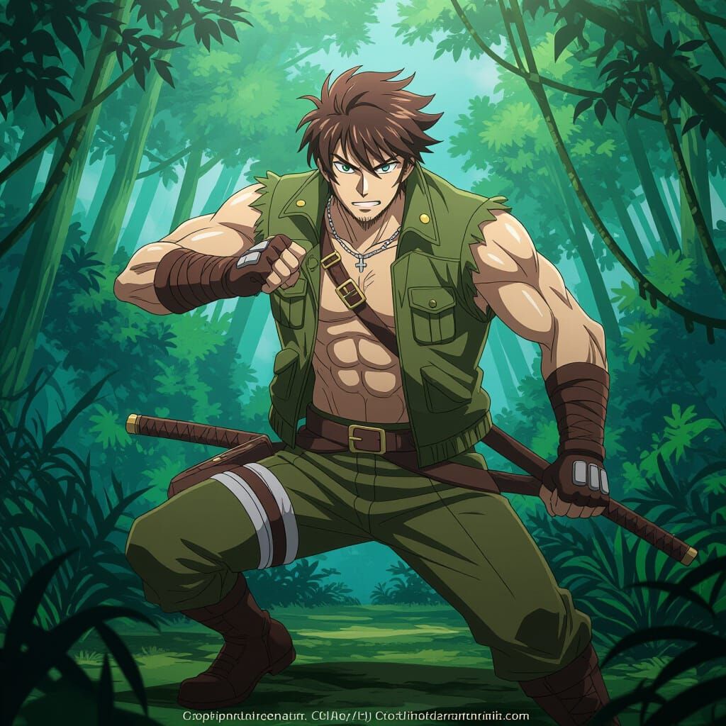 Anime Jungle Fighter in Cel-Shaded Style