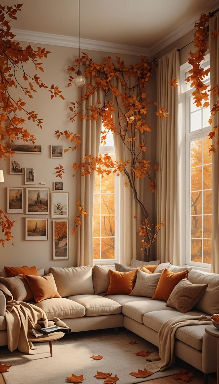 Cozy Fall Living Room in Warmly Lit Splash Art