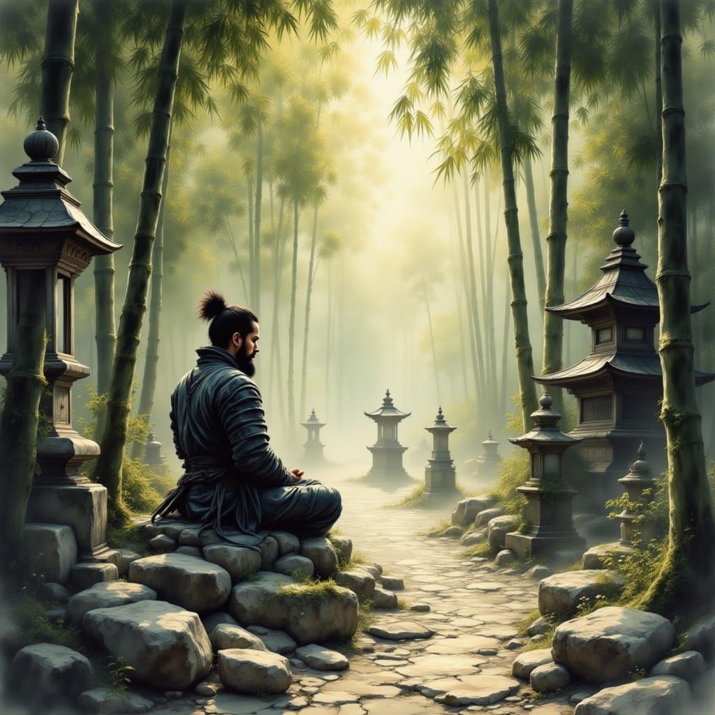 Samurai Meditating in Bamboo Forest in Ukiyo-e Style