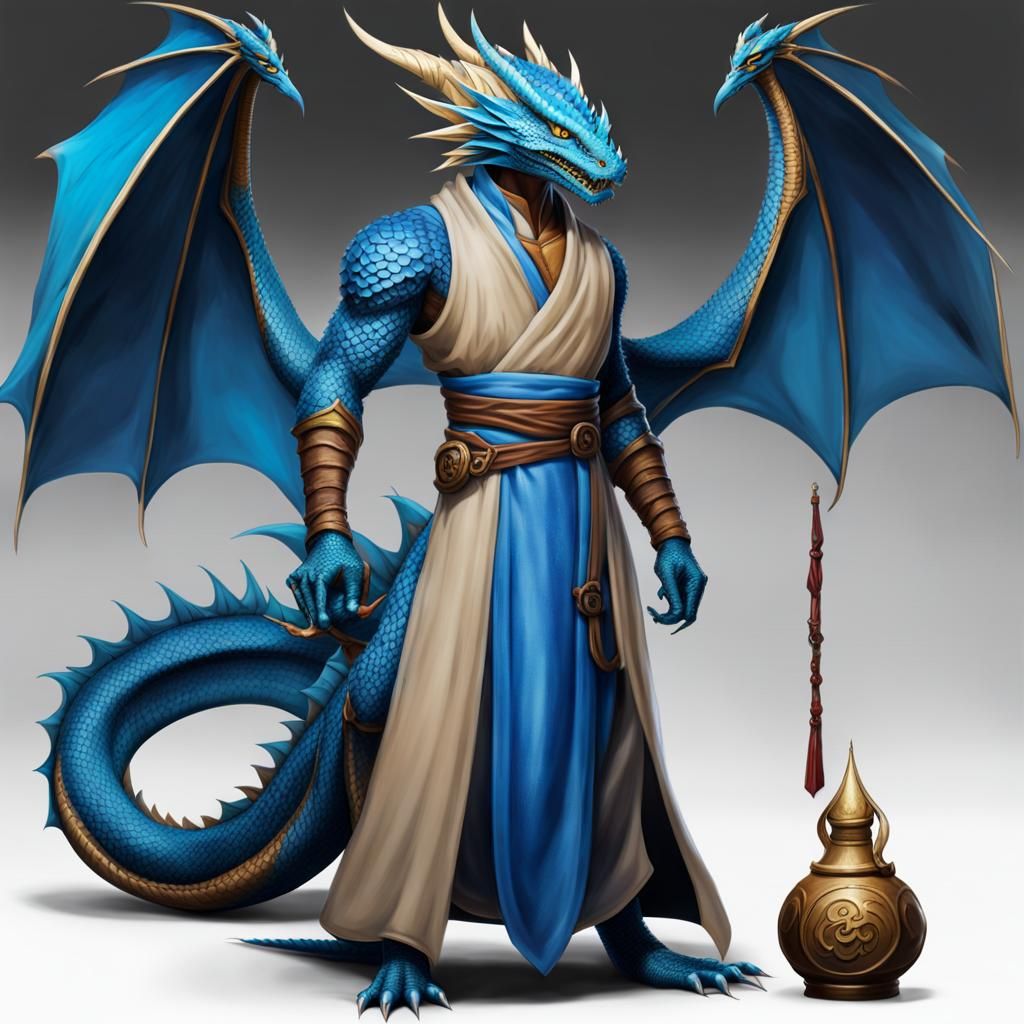 Blue Scaled Dragon Monk Character Illustration