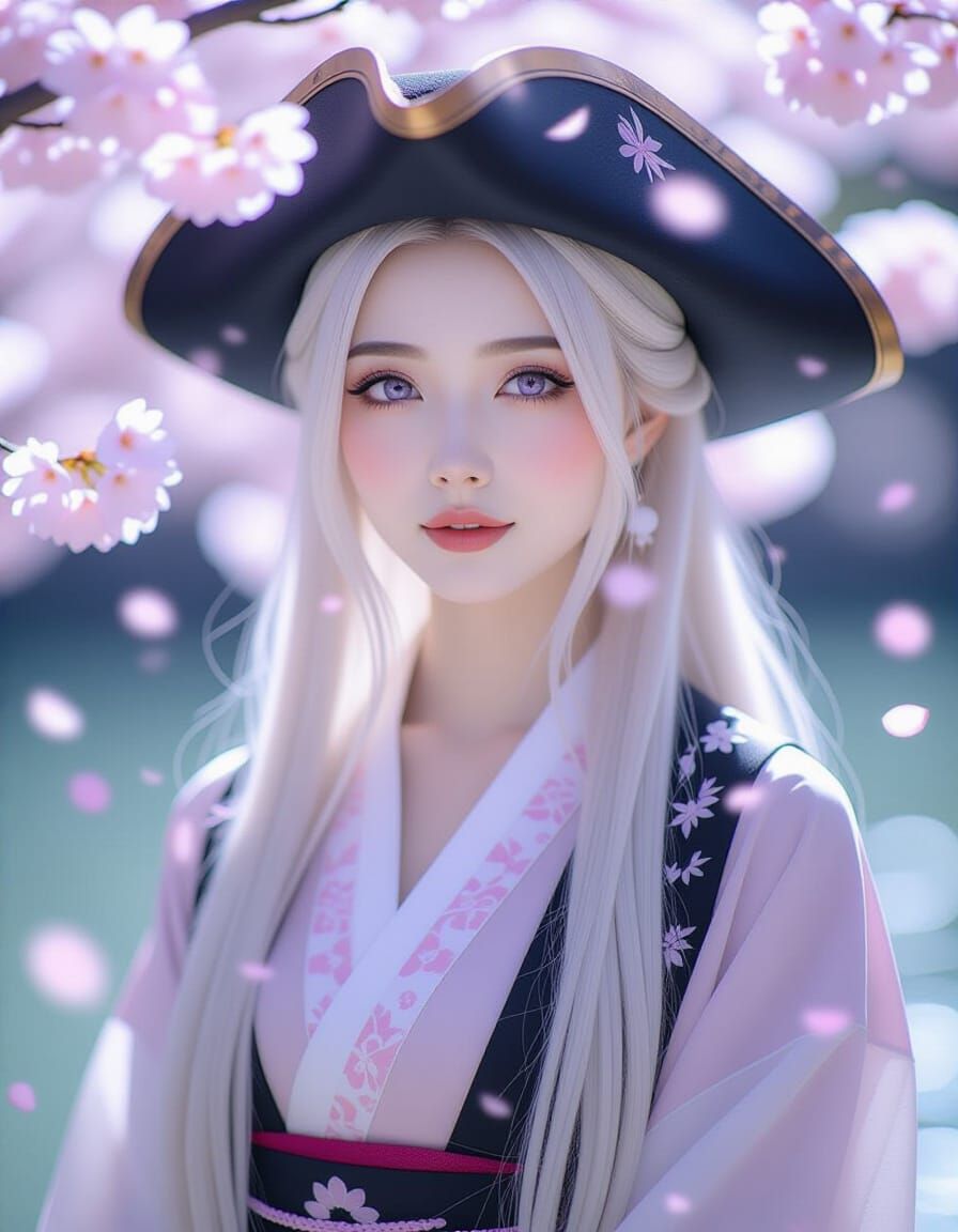 Elegant Pirate Woman in Moonlit Cherry Blossoms