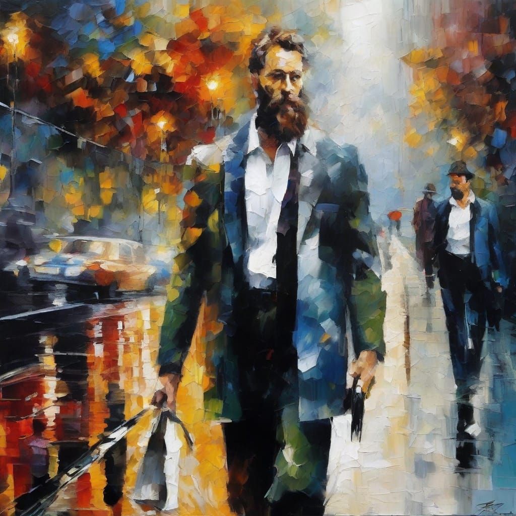 Man on Bridge in Impasto Avant Garde Style