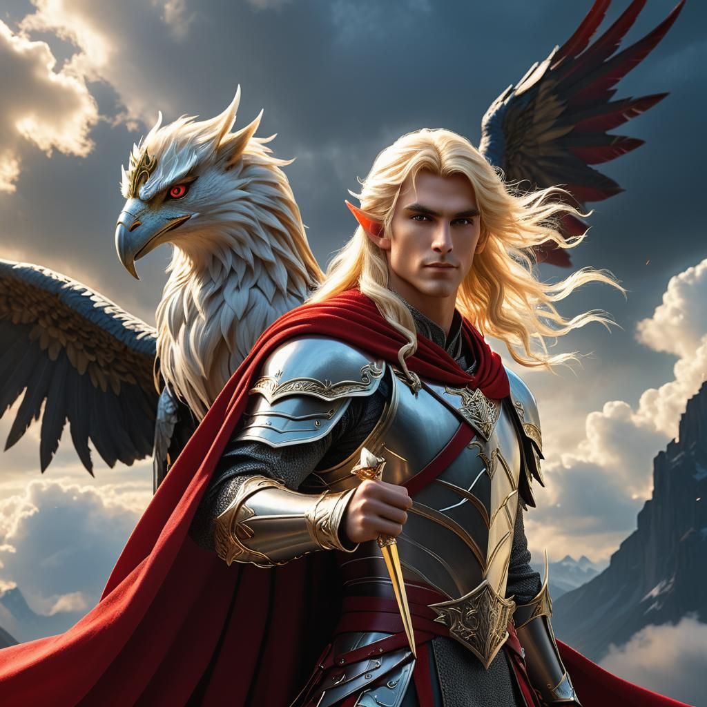 Elf-Lord with Griffin in Moonlight: Fantasy Artwork